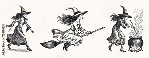 witch set collection hand drawn sketch illustration pointed hat stirring steaming cauldron flying on broomstick dynamic scenes classic character line art detailed card design
