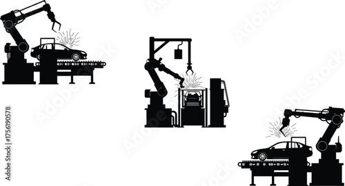 Robotic arms welding cars, automotive production line, industrial automation, vehicle assembly, sparks flying, factory machinery, engineering illustration, front view