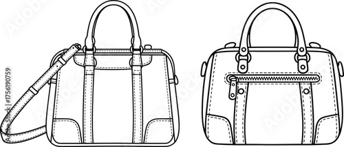 Handbag technical sketch, structured tote design, front and back view, shoulder strap, zipper pocket, stitching detail, fashion drawing, template
