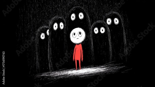 little boy wearing red, feeling isolated with the feeling of fear and danger, cartoon doodle illustration ,, black and white sketch