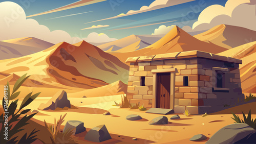 Stone cabin near ancient ruins in desert plain, warm sunlight, sand dunes behind, windblown atmosphere of history and solitude