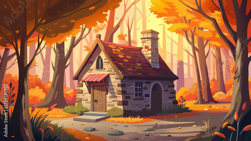 Stone cabin surrounded by autumn forest, golden and red leaves covering ground, sunlight rays through trees, warm cozy feel in seasonal landscape