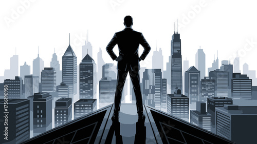Confident businessman surveys his city empire, a powerful leader with vision, standing tall overlooking the skyline, symbolizing success and determination