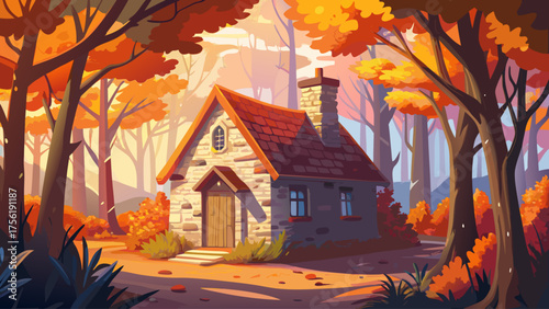 Stone cabin surrounded by autumn forest, golden and red leaves covering ground, sunlight rays through trees, warm cozy feel in seasonal landscape