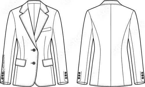 Tailored blazer jacket sketch, technical fashion drawing, notched lapel, flap pockets, structured fit, front and back view, garment flat