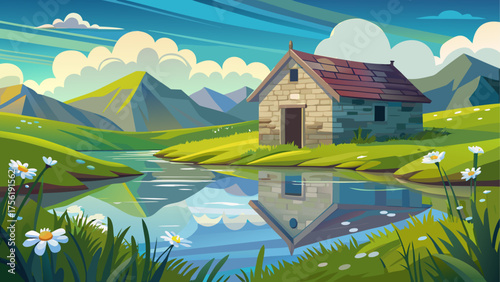 Stone cabin in grassy valley with small pond, reflection of clouds on water, white flowers around, peaceful spring morning