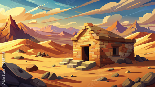 Stone cabin near ancient ruins in desert plain, warm sunlight, sand dunes behind, windblown atmosphere of history and solitude