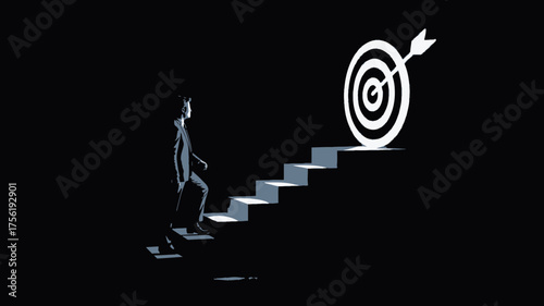 Ambitious businessman climbs stairs toward success, aiming for the target and achieving goals with determination and strategic planning in business world