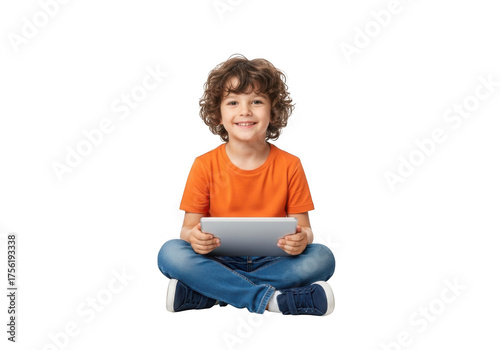 Young boy with curly hair holding a tablet isolated on transparent background