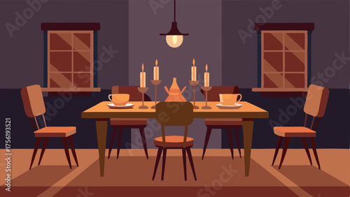 A dining room with a mix of metal and wood chairs around a rustic table accented with warmhued candles.