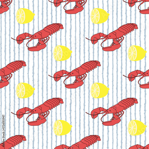 Seamless geometric pattern with crayfish and lemons on striped background - hand drawn vector illustration.