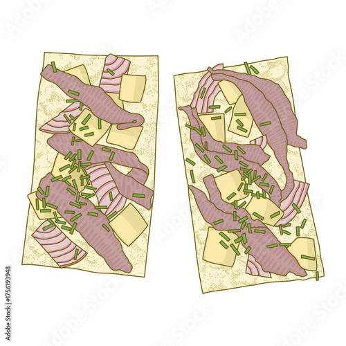 Fermented herring with cooked potato, raw onion and chives on flatbread, traditional Swedish delicacy - hand drawn vector illustration.