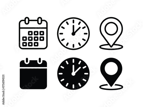 Clean silhouette vector icons set of calendar clock and location pin graphics for digital design vector illustration white background