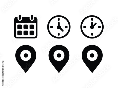 Black silhouette icons for calendar clock and map location pin scalable vector graphics eps format vector illustration white background