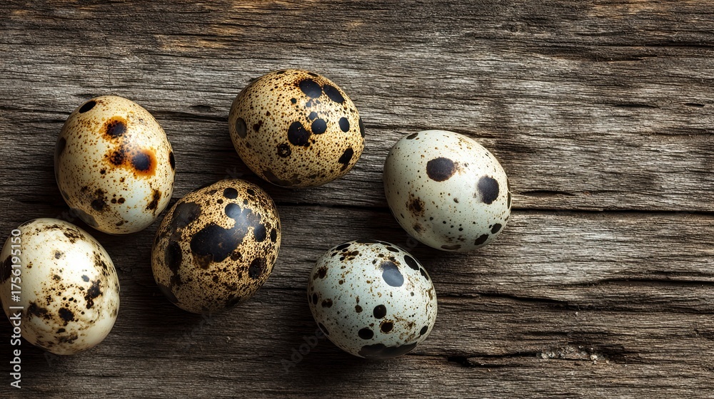 Fototapeta premium Quail Eggs with Spotted Pattern on Rustic Wooden Surface
