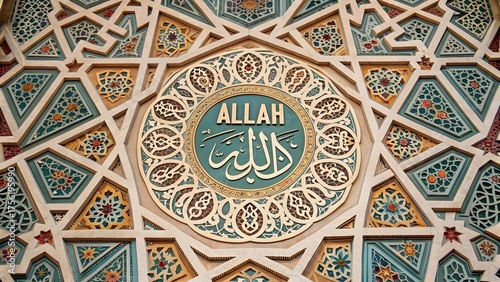 Ornate islamic art with allah inscription and geometric patterns in light colors
