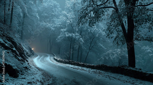 A winding forest road at ni...