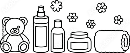 Cute hand drawn baby care products and teddy bear illustration