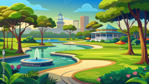 Very beautiful Langan Park in Mobile, Alabama, USA, featuring lush green lawns, walking paths, trees, peaceful ponds, and recreational areas under a bright and clear sky.