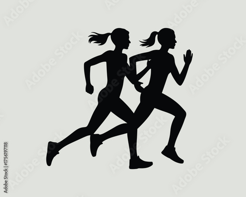 Minimalist silhouette illustration of two women running together dynamic motion vector graphic vector illustration white background