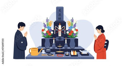 People praying at a Japanese grave with offerings and flowers. They are dressed in traditional clothing.