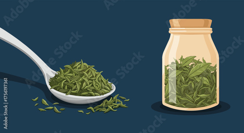 A white spoon is filled with dried herbs next to a jar containing more dried herbs.