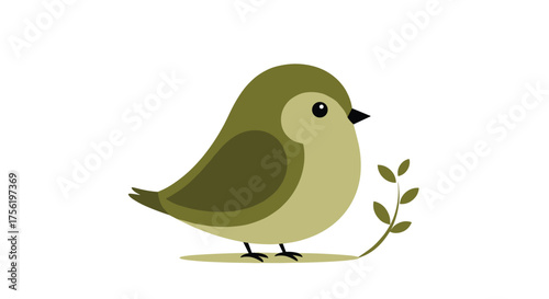 A cute little olive green bird with a small branch stands on a white background.