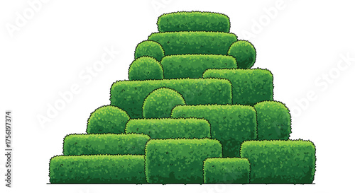 An artistic arrangement of lush green bushes carefully sculpted into tiered geometric shapes creating a visually pleasing landscape.