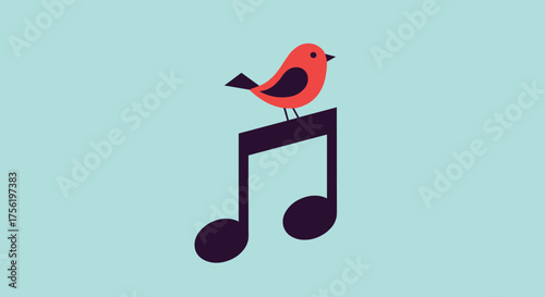 A small red bird rests on a musical note on a light blue background.