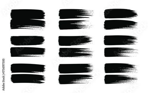 Collection of black brush stroke vector graphics diverse textured splatters for artistic design elements scalable vector illustration white background