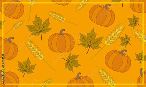 Patrón otoñal con calabazas, hojas secas y trigo
