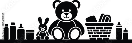 Silhouette of teddy bear bunny and toys on a shelf