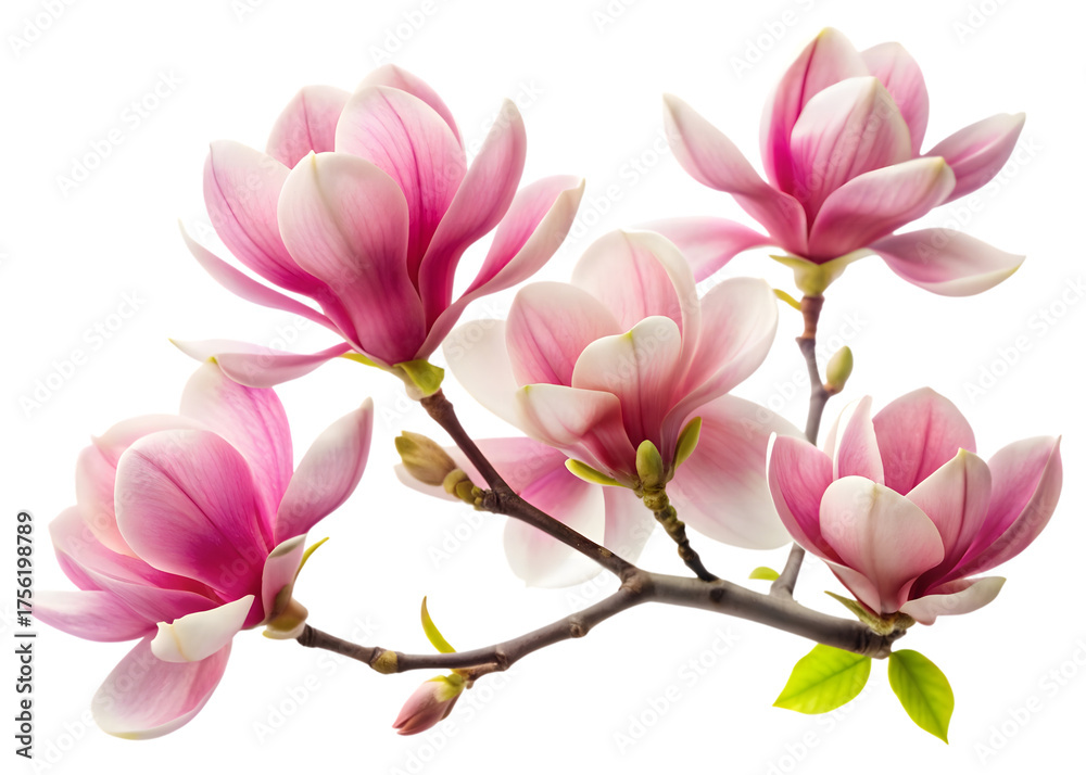 Obraz premium Delicate pink magnolia blossoms blooming on a branch isolated on transparent background
