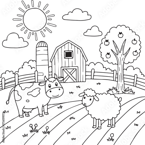 Cute farm animals coloring page with barn sun clouds and fields for kids