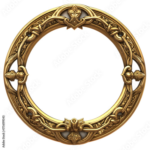 Ornate Circular Gold Frame With Intricate Celtic Design. Decorative Art And Craftsmanship Isolated On Transparent Background