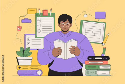 Student Reading Book Illustration – Flat Design Concept for Learning, Education, and Study Motivation