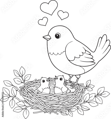 Cute bird family nest coloring page for kids sweet hearts spring theme