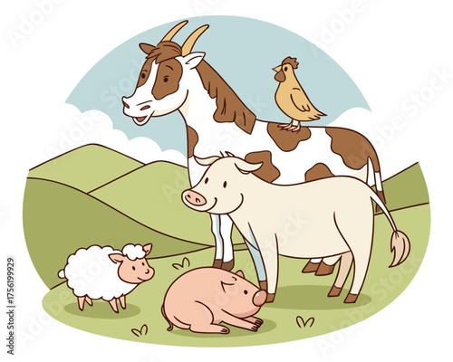 Cartoon farm animals including a cow, pig, sheep, chicken, and goat