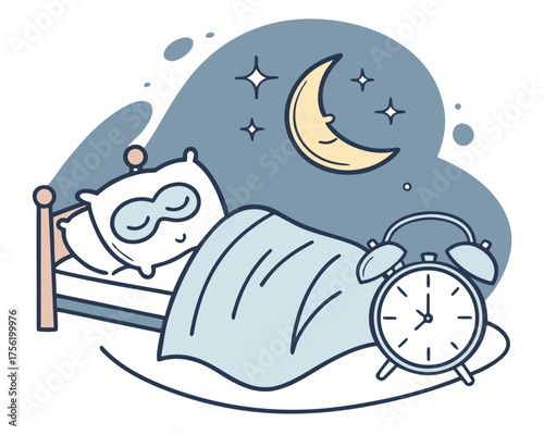 Cartoon illustration of a sleeping bed with moon and stars