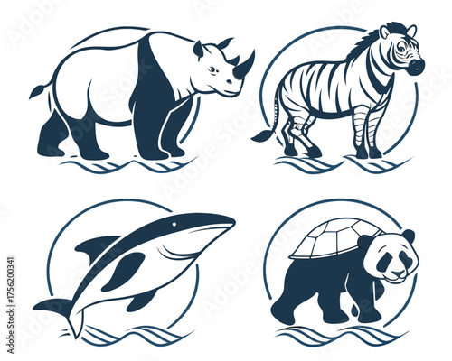 Illustration of a rhino, zebra, dolphin, and panda