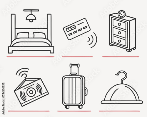 Hotel amenities and services are depicted in a minimalist line drawing
