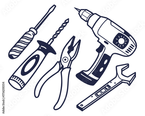 Hand tools, including pliers, drill, and screwdriver
