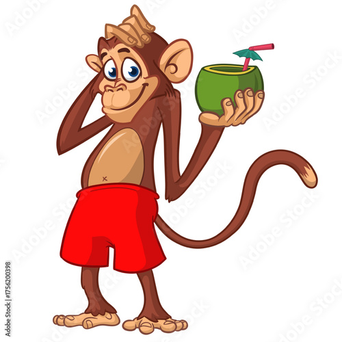 Cartoon funny monkey chimpanzee wearing shorts. Vector illustration isolated on white