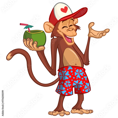 Cartoon funny monkey chimpanzee wearing shorts. Vector illustration isolated on white