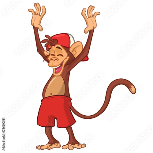 Cartoon funny monkey chimpanzee wearing shorts. Vector illustration isolated on white