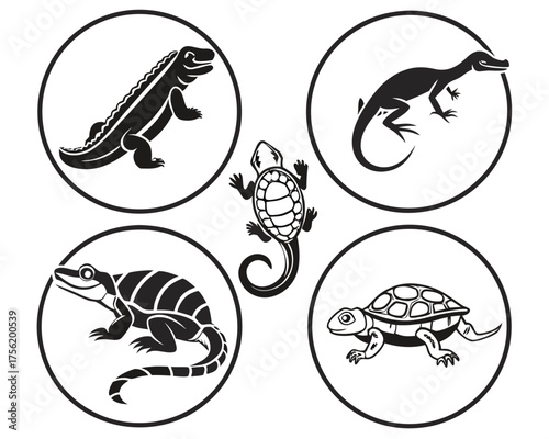 Monochrome reptile collection featuring turtle, lizard, and alligator