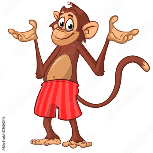 Cartoon funny monkey chimpanzee wearing shorts. Vector illustration isolated on white