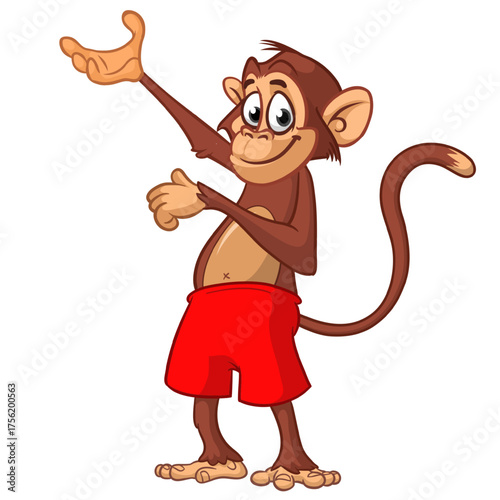 Cartoon funny monkey chimpanzee wearing shorts. Vector illustration isolated on white