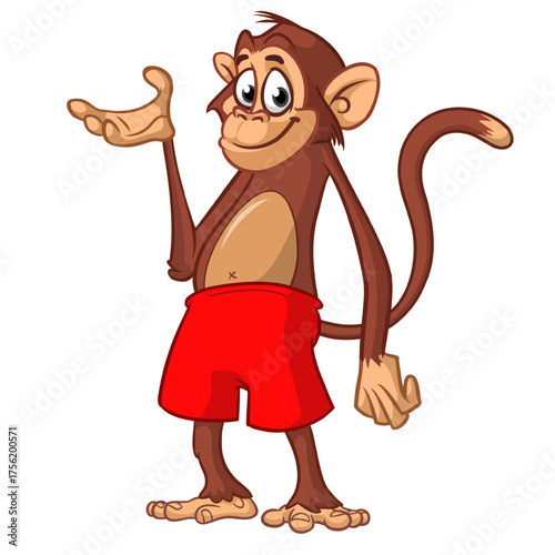 Cartoon funny monkey chimpanzee wearing shorts. Vector illustration isolated on white