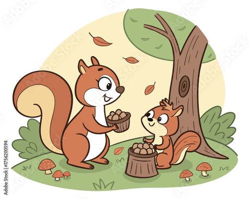 Squirrels sharing nuts in the forest during autumn with falling leaves